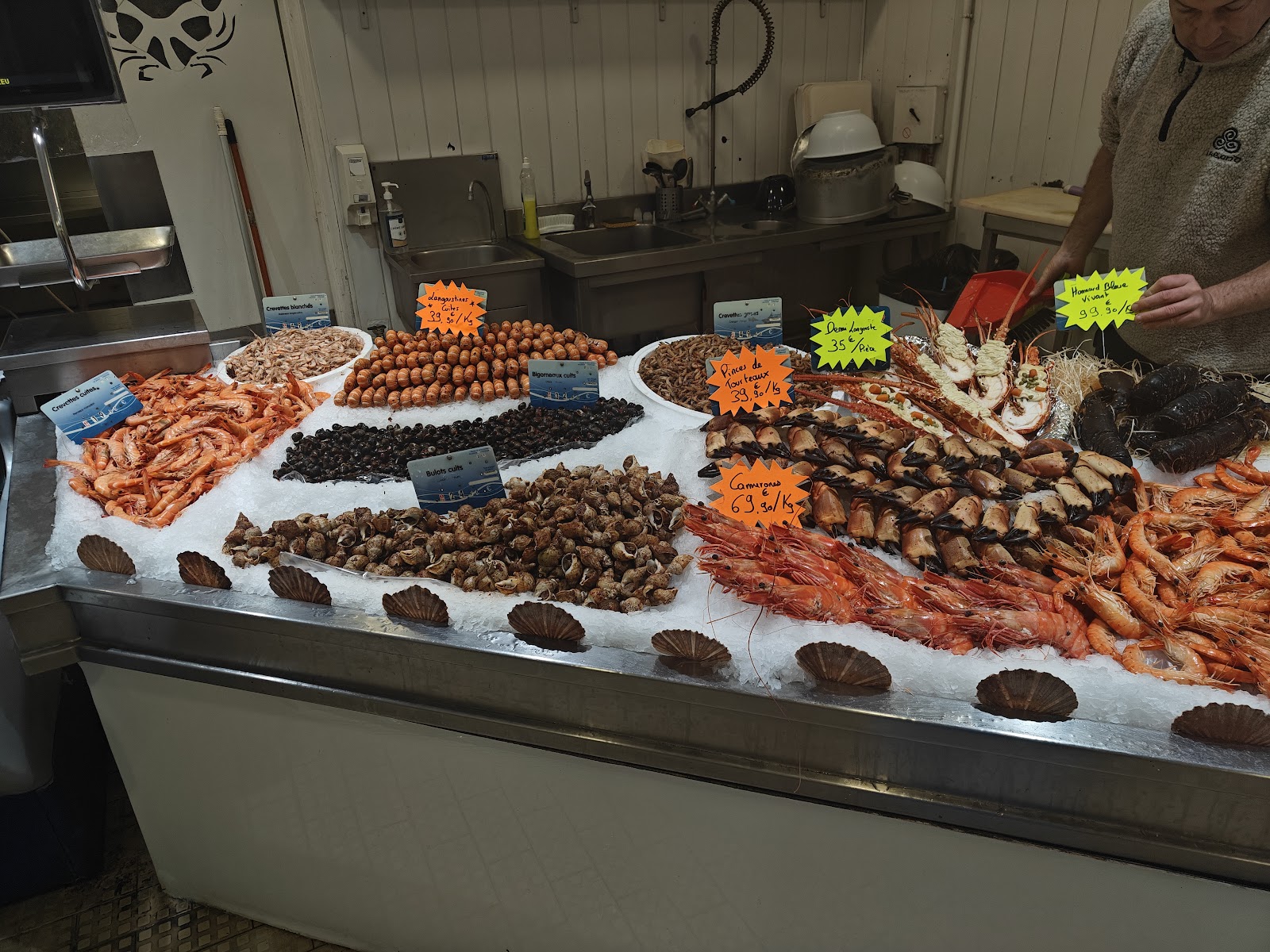 L'étal de la poissonnerie : crevettes, bulots, moules, langoustines et palourdes sur glace